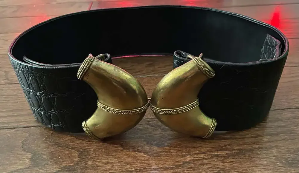 Vintage 80s Black Croc Wide Waist Belt Gold Sculptural Buckle Statement